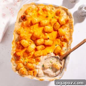 Quick and Scrumptious Chicken Tater Tot Casserole 9 A scoop of Chicken Tater Tot Casserole ready to be served, showcasing its crispy tater tots and creamy chicken filling.