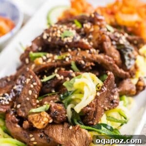 A delicious serving of Beef Bulgogi with Zucchini Noodles, ready to eat.