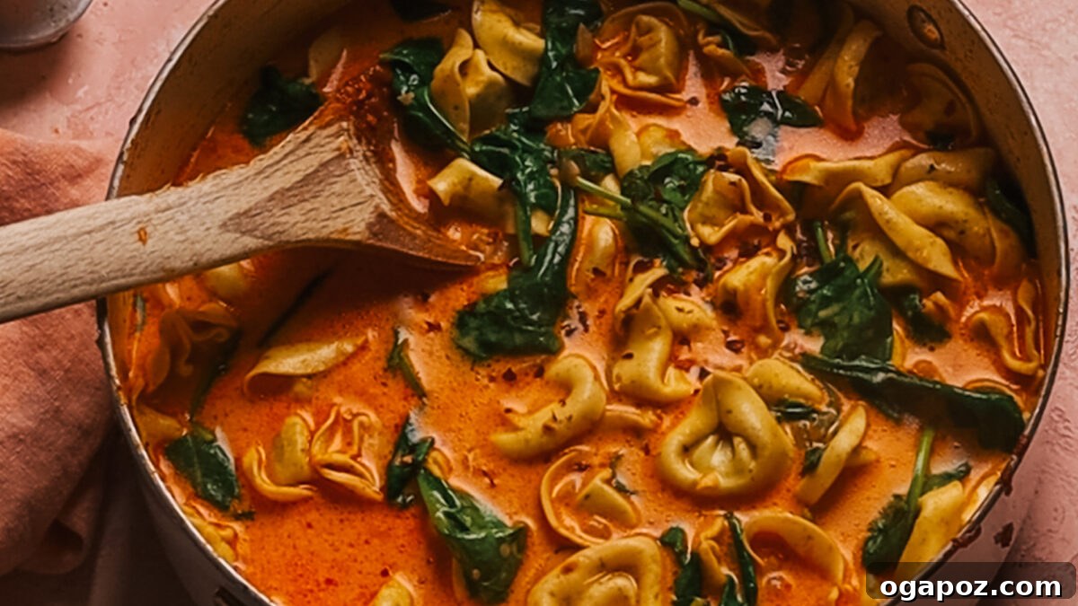 Creamy One-Pot Tortellini Soup 9 Step 6: Freshly grated Parmesan cheese melting into the creamy soup.
