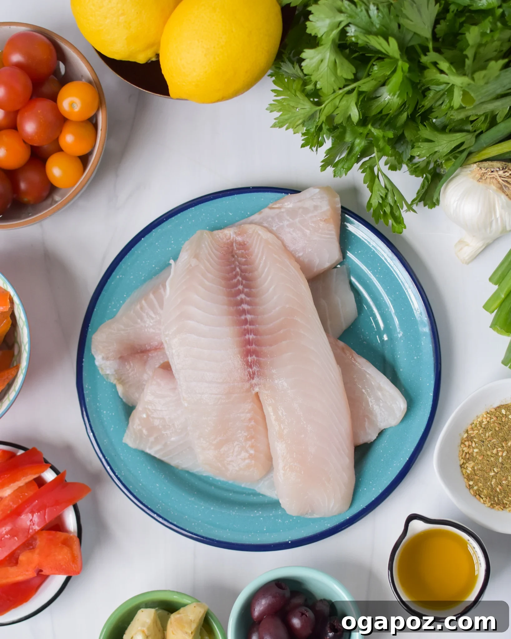 Effortless Mediterranean Baked Tilapia 5 Mediterranean Baked Tilapia Recipe ingredients laid out.