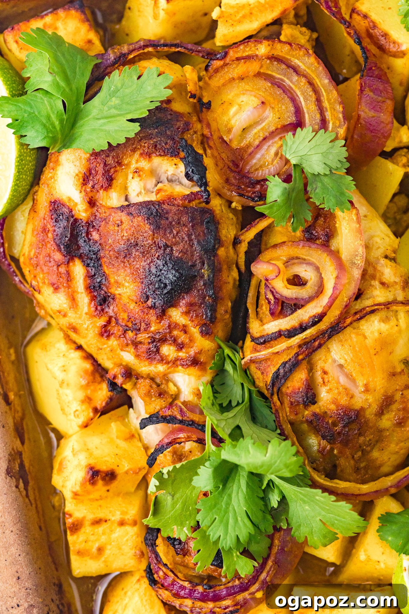 Crispy Air Fryer Tandoori Chicken Drumsticks 4 Beautifully cooked Air Fryer Tandoori Chicken Legs, garnished with fresh vibrant cilantro and bright lime wedges, artfully arranged and ready for a delicious meal.