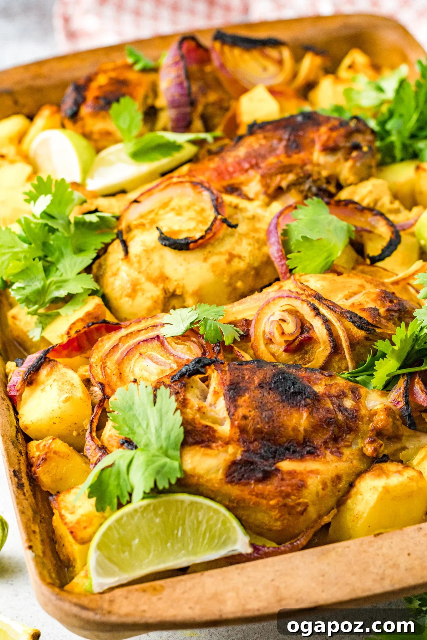 Crispy Air Fryer Tandoori Chicken Drumsticks 10 A platter of Air Fryer Tandoori Chicken Legs served alongside thinly sliced red onions and fresh cilantro, creating a visually appealing and flavorful presentation.