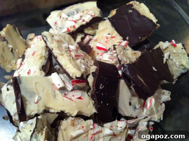 Irregularly broken pieces of delicious homemade peppermint bark, showcasing the beautiful layers