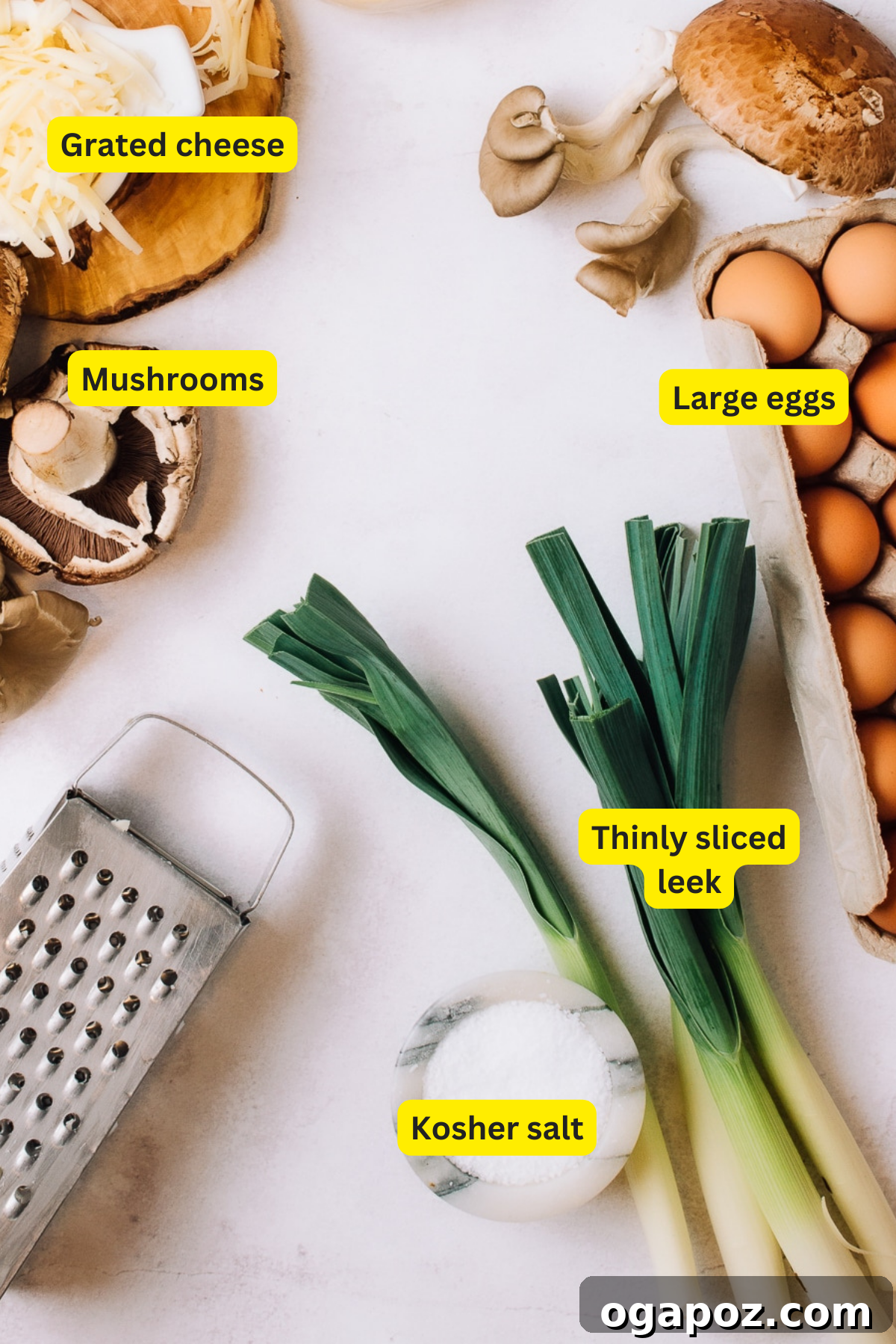 Foolproof and Flavorful Spinach Mushroom Quiche 3 Fresh ingredients laid out for Spinach Mushroom Quiche recipe
