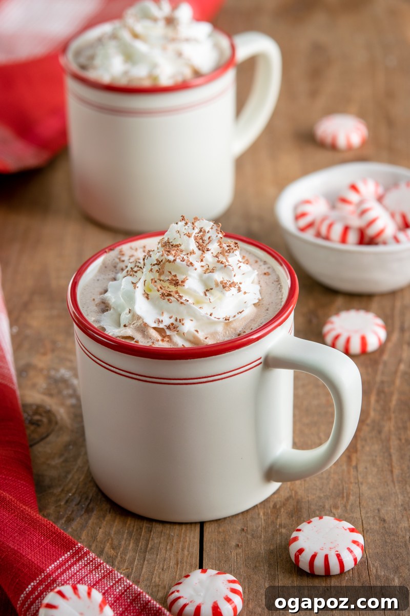 Warm & Festive: 20+ Easy Hot Drinks for a Perfect Christmas 9 Peppermint Hot Chocolate in a festive mug, garnished with whipped cream and crushed candy canes.