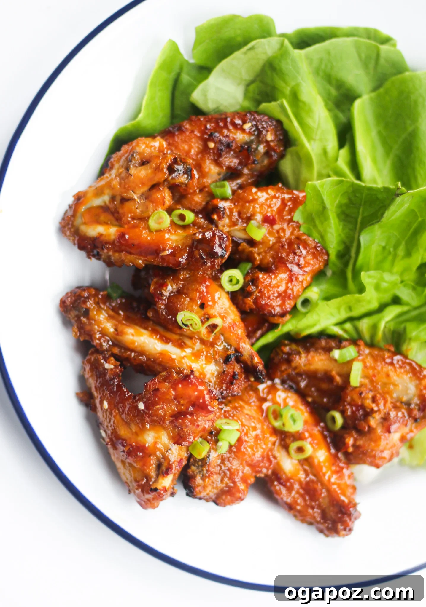 Air Fryer Chicken Wings Recipe on a white plate, garnished with green onions and sesame seeds.