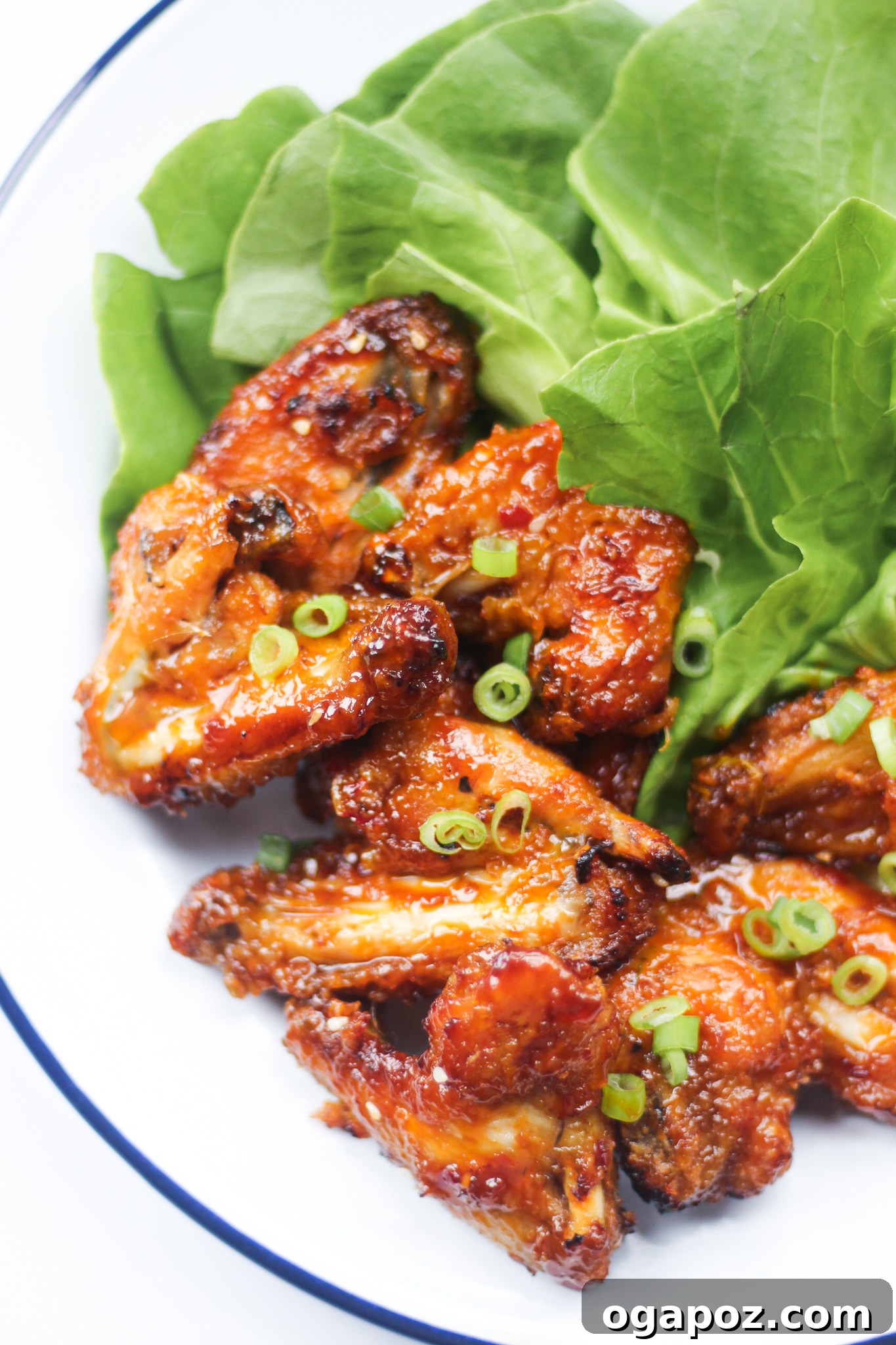 Air Fryer Chicken Wings Recipe, sauced and ready for serving, garnished with green onions.