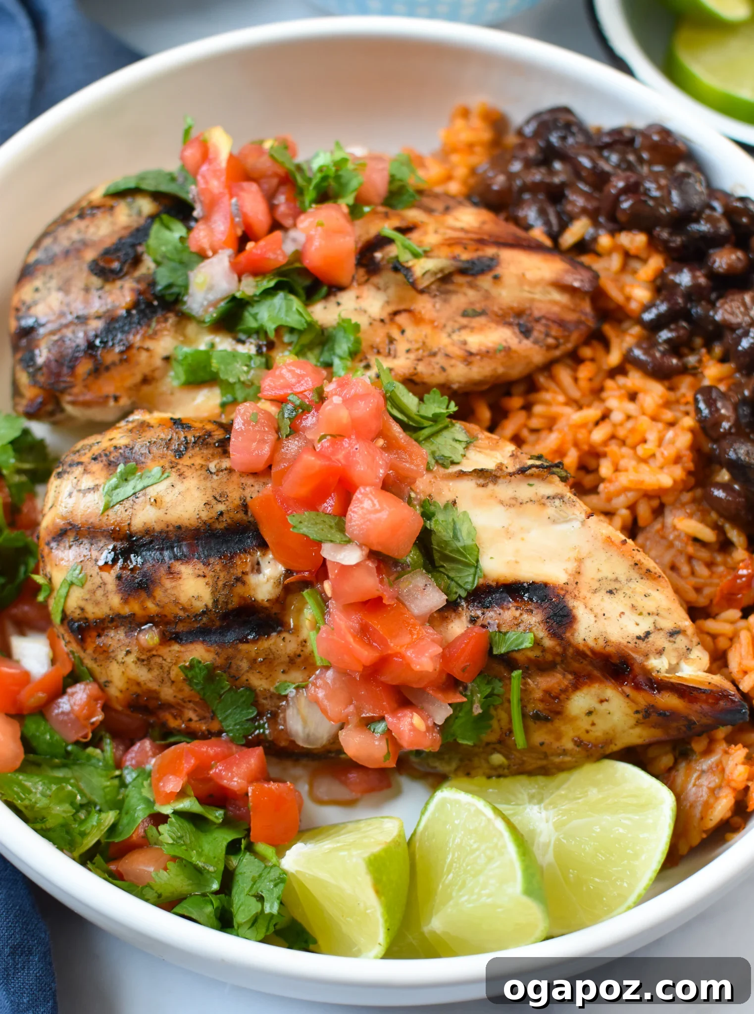 Citrus Margarita Grilled Chicken 2 Zesty Margarita Grilled Chicken served in a vibrant rice bowl with fresh pico de gallo, cilantro, and black beans.