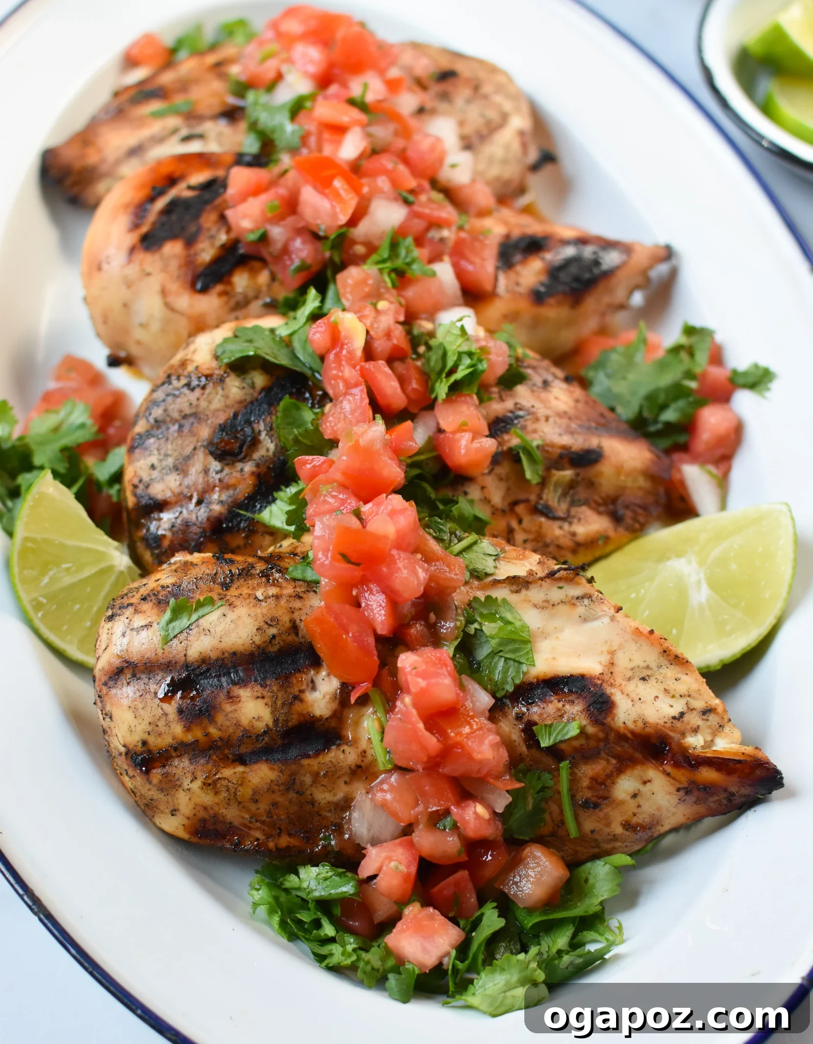 Citrus Margarita Grilled Chicken 4 Platter of freshly grilled Margarita Chicken, perfectly cooked and ready to be served, garnished with fresh cilantro.