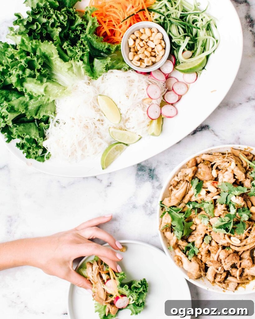 28 Healthy Chicken Recipes Easy Delicious Dietitian Approved 15 Fresh and vibrant Asian Pulled Chicken Lettuce Wraps, garnished with sesame seeds and green onions