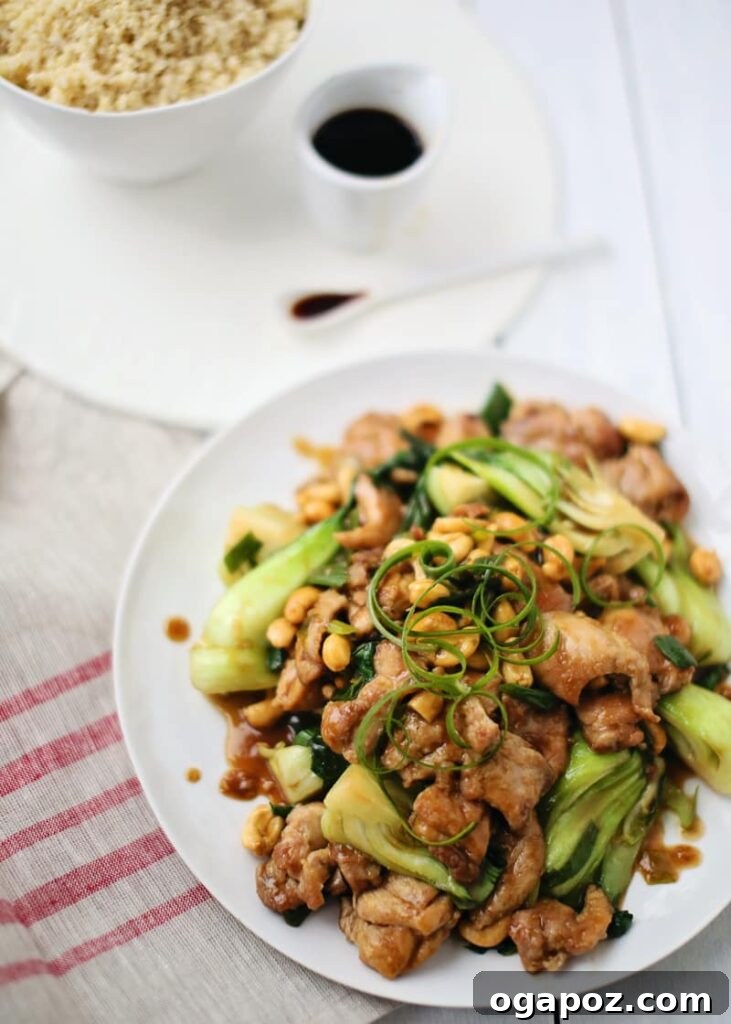 28 Healthy Chicken Recipes Easy Delicious Dietitian Approved 17 Hearty stir-fried Cashew Chicken with Bok Choy, served in a bowl