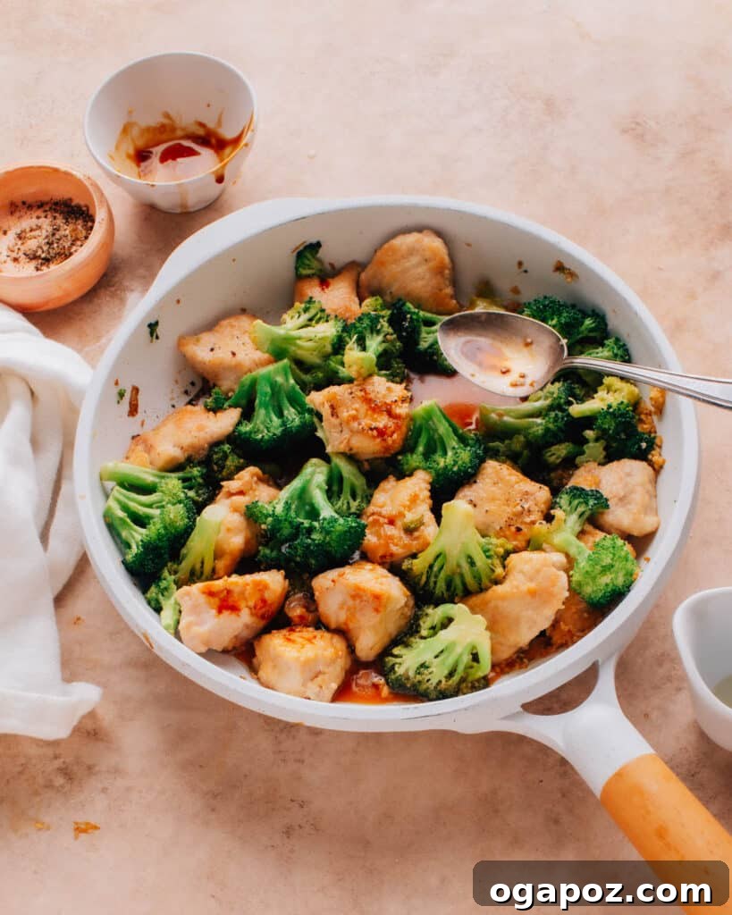 28 Healthy Chicken Recipes Easy Delicious Dietitian Approved 18 The chicken and broccoli stir fry is cooked in a large skillet, glistening with sauce