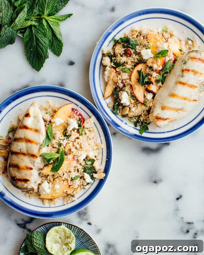 28 Healthy Chicken Recipes Easy Delicious Dietitian Approved 30 Refreshing Grilled Chicken Couscous Salad with Peaches and Mint, served in a bowl