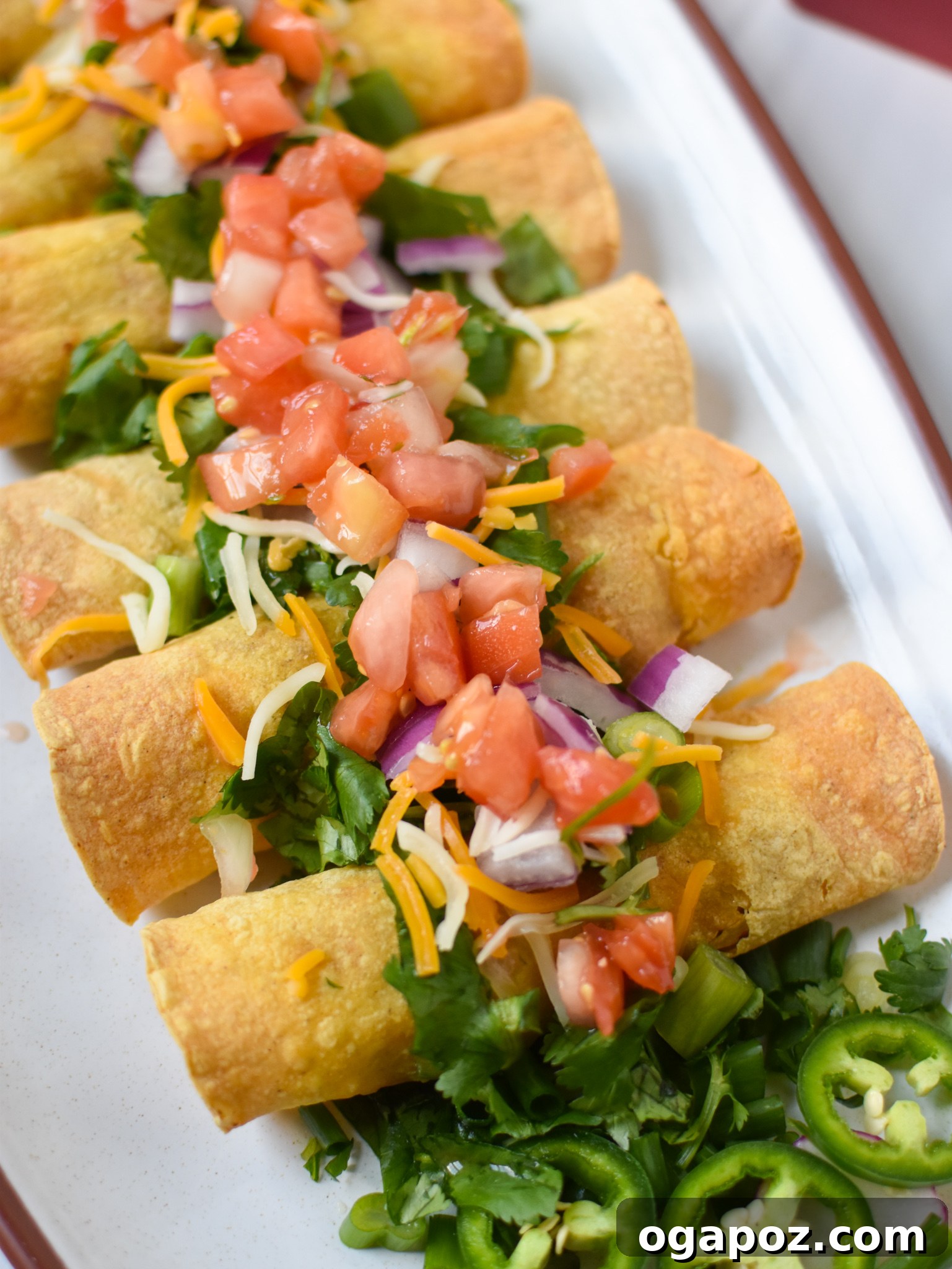 Crispy Air Fryer Pork Taquitos 2 Crispy Air Fryer Pork Taquitos served with fresh pico de gallo, ready to eat.
