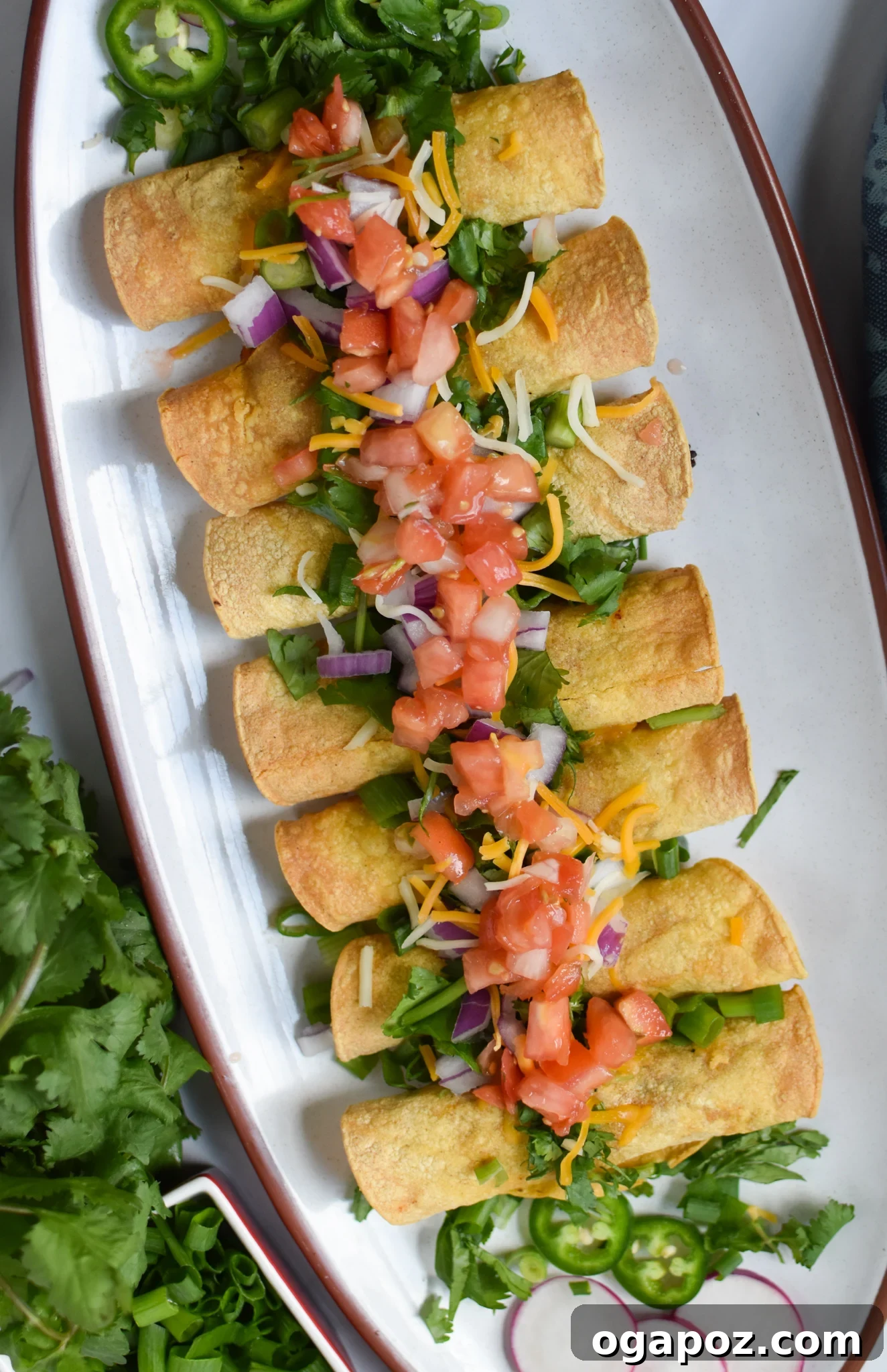Crispy Air Fryer Pork Taquitos 4 Platter of golden, crispy Air Fryer Pork Taquitos garnished with fresh cilantro.