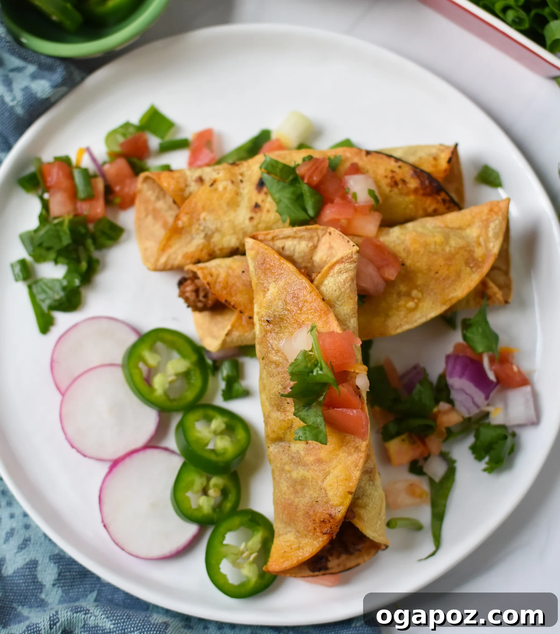 Crispy Air Fryer Pork Taquitos 7 Air Fryer Pork Taquitos plated beautifully with radishes and fresh herbs, ready for serving.