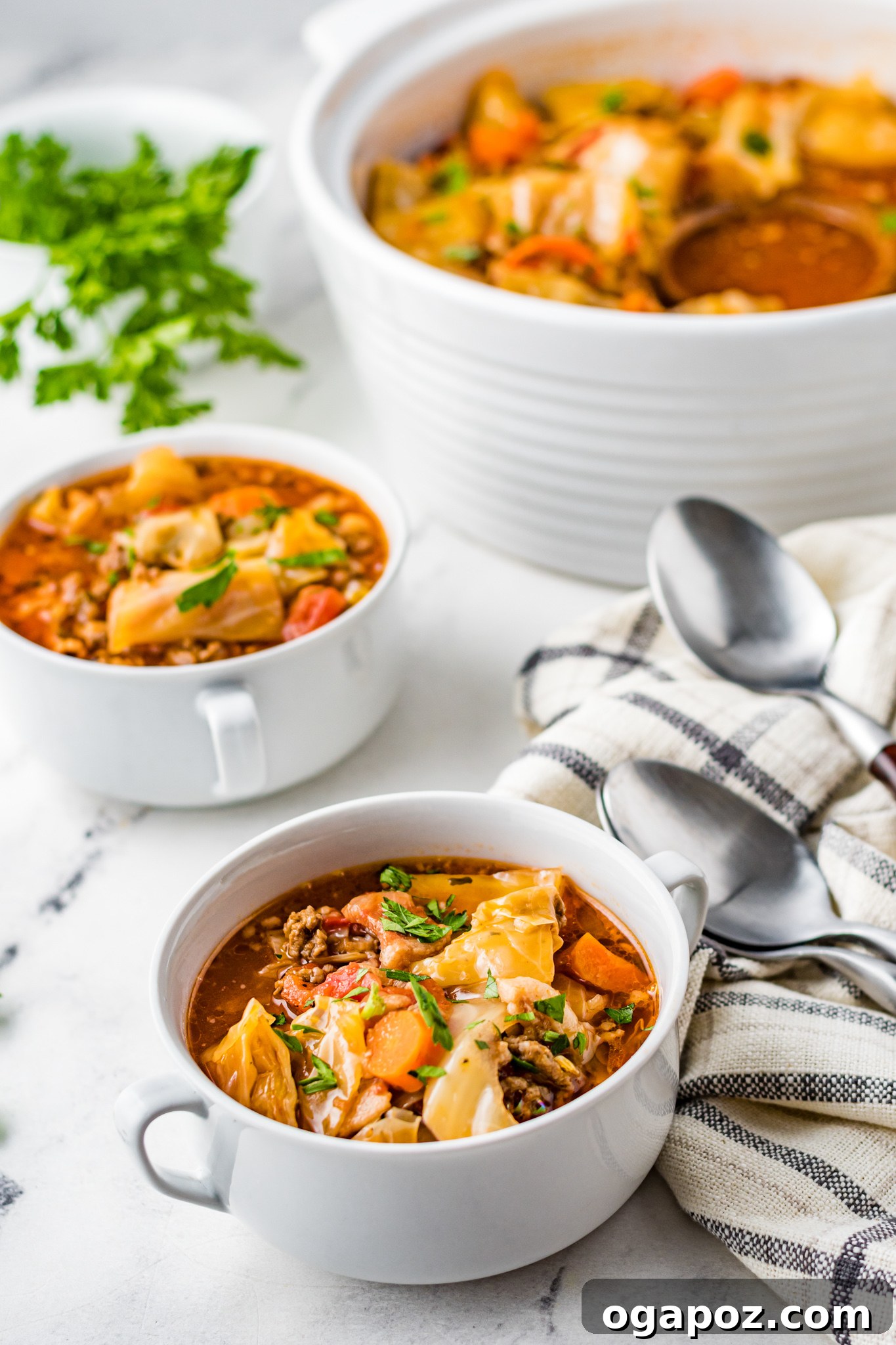 Unstuffed Cabbage Soup 4 Small white bowls filled with steaming Cabbage Roll Soup, garnished with fresh parsley.