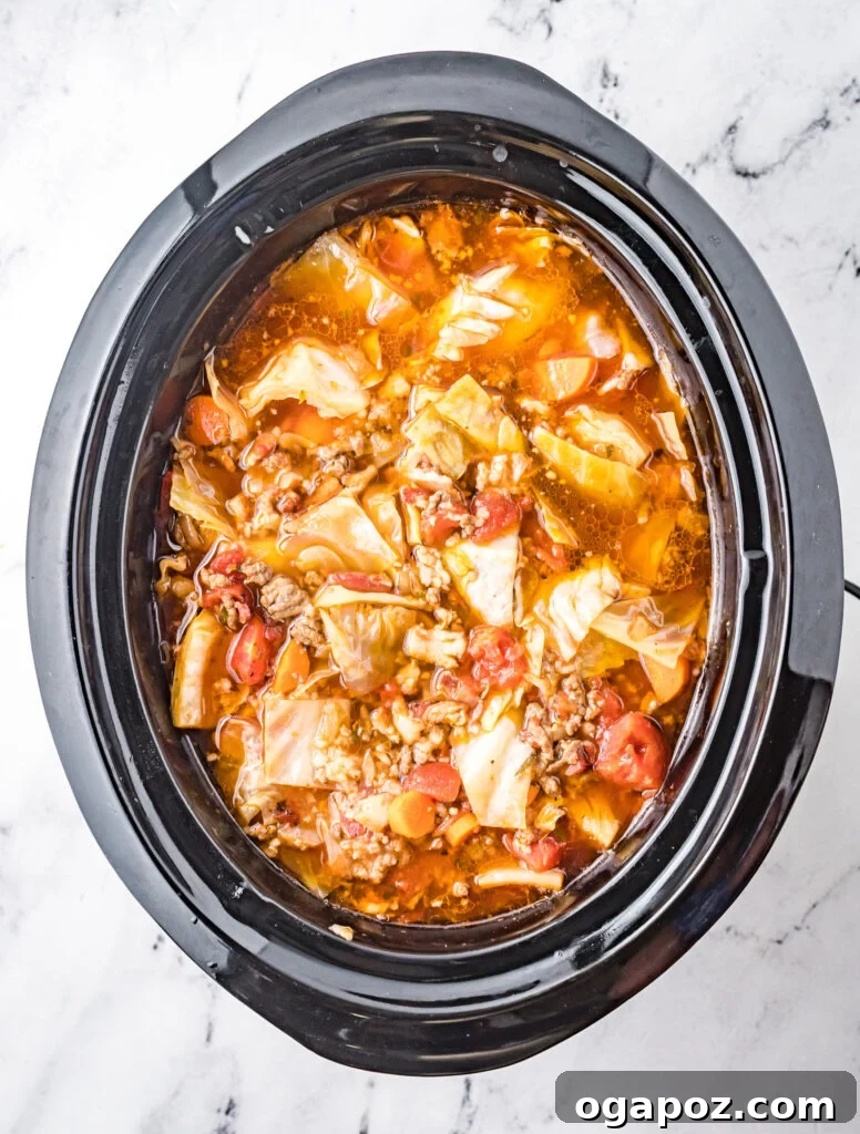 Unstuffed Cabbage Soup 6 Close-up view of Cabbage Roll Soup cooked to perfection in a slow cooker, showing rich texture.