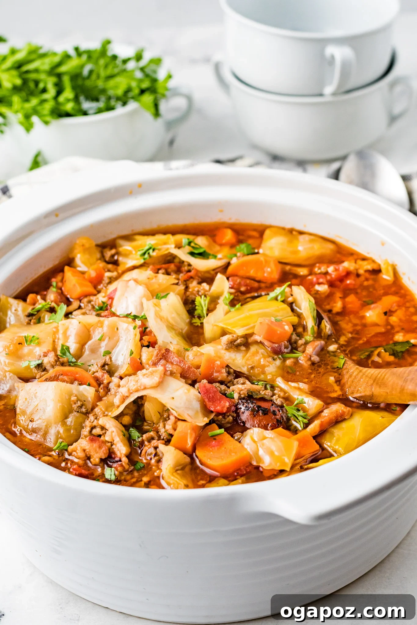 Unstuffed Cabbage Soup 8 A bowl of Cabbage Roll Soup with a wooden spoon, garnished with herbs.
