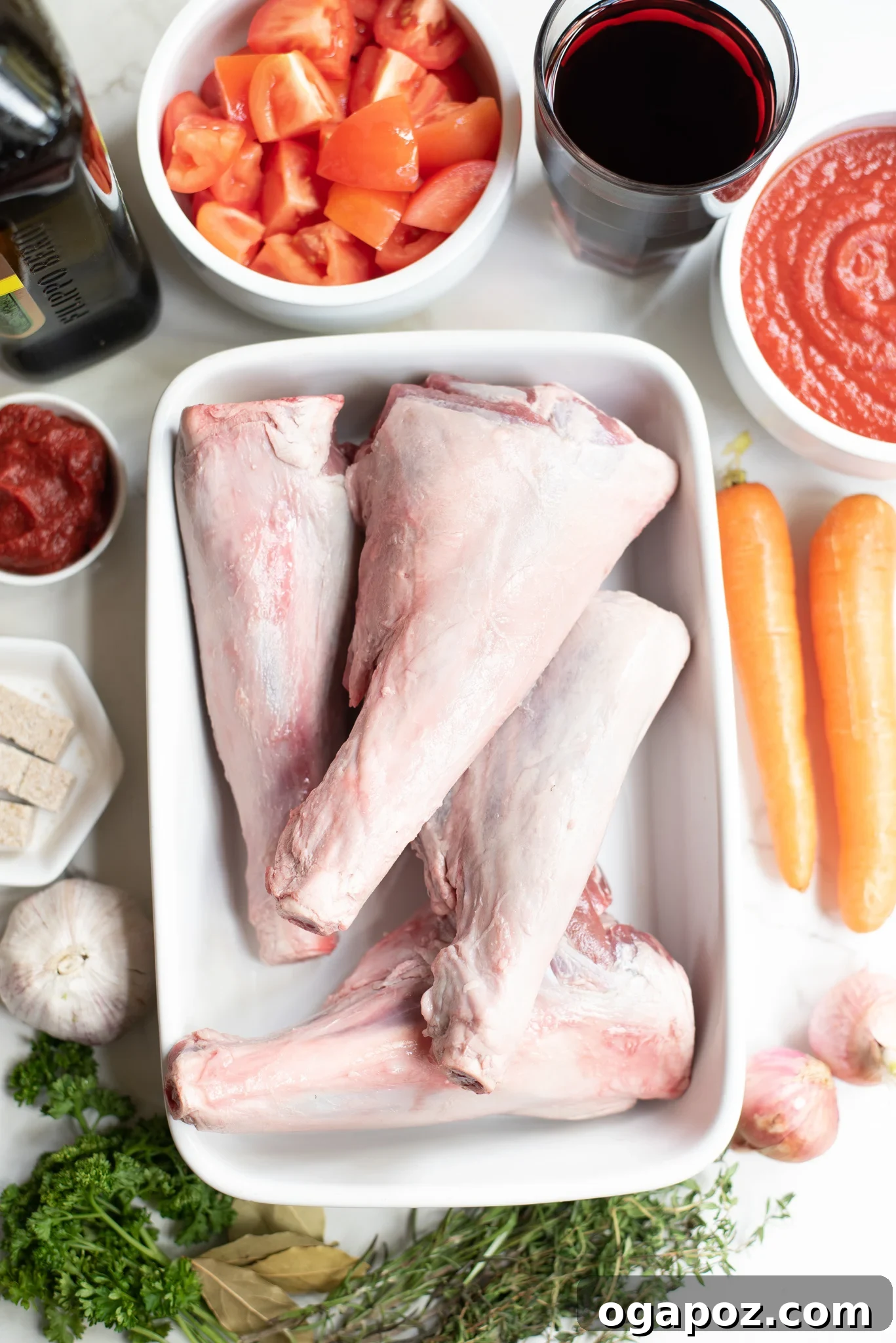 Fall-Off-The-Bone Braised Lamb Shanks 4 Braised Lamb Shanks Recipe ingredients displayed on a cutting board.