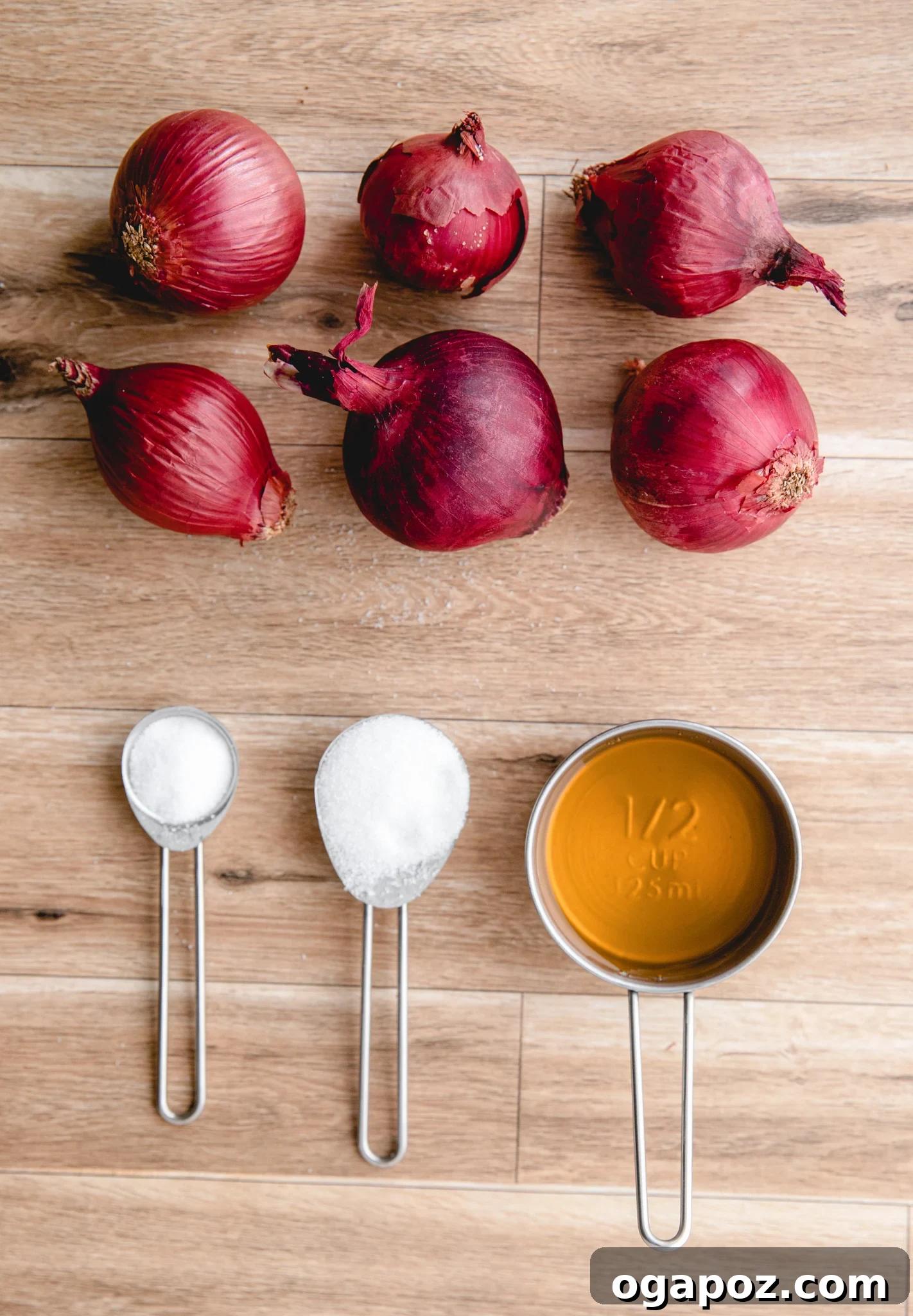 Blush Hour Onions 3 Fresh ingredients laid out for Quick Pickled Red Onions preparation.