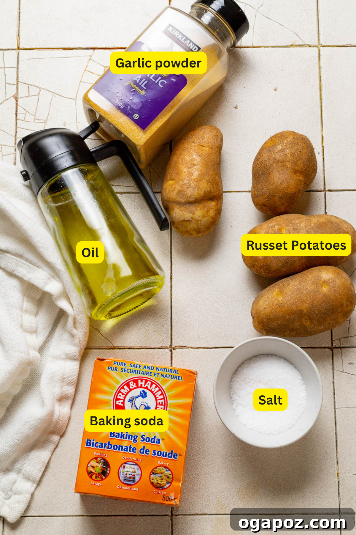 Crispy Fluffy French Fries 3 Ingredients for fried potatoes including Russet potatoes, oil, and herbs.