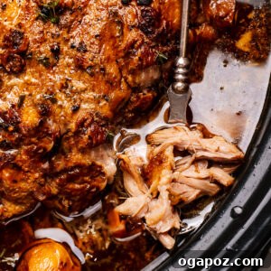 Crockpot pork shoulder in the slow cooker with a spoon.
