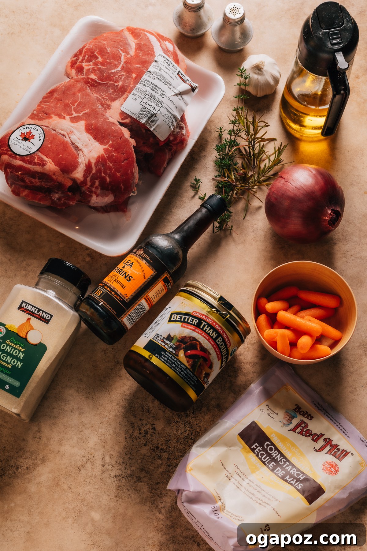 Slow-Braised Dutch Oven Beef 3 Assortment of fresh ingredients for Instant Pot Roast Beef, including beef chuck, vegetables, and herbs.