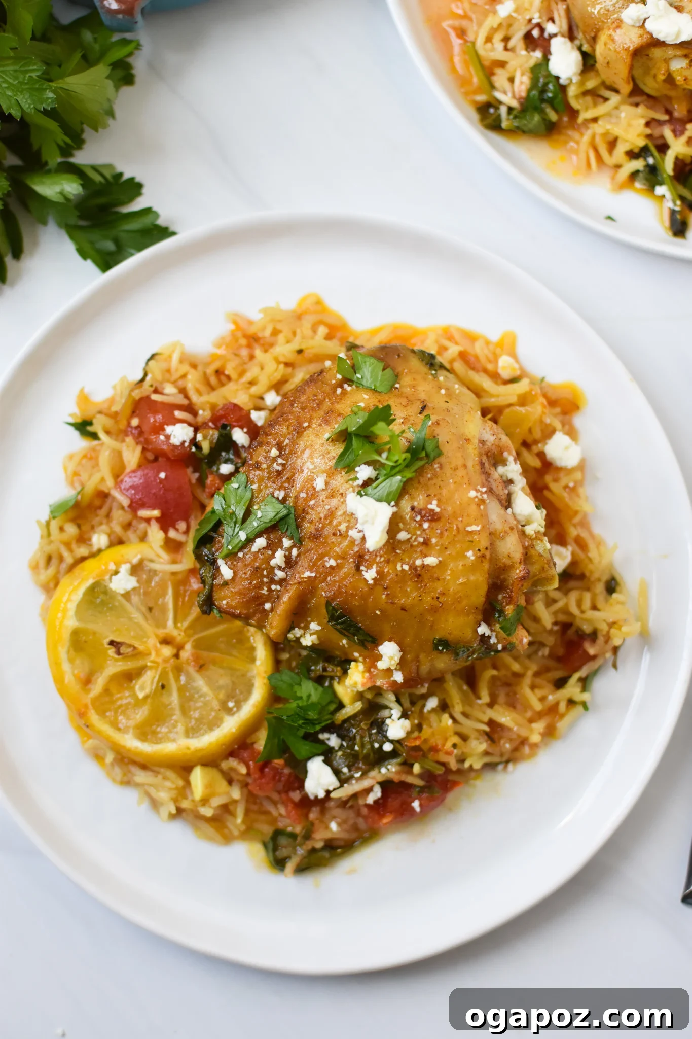Akdeniz Lezzetleriyle Tek Tencere Tavuk Pilavı 4 A serving of One Pot Mediterranean Chicken and Rice on a white plate, garnished with fresh herbs and feta cheese.