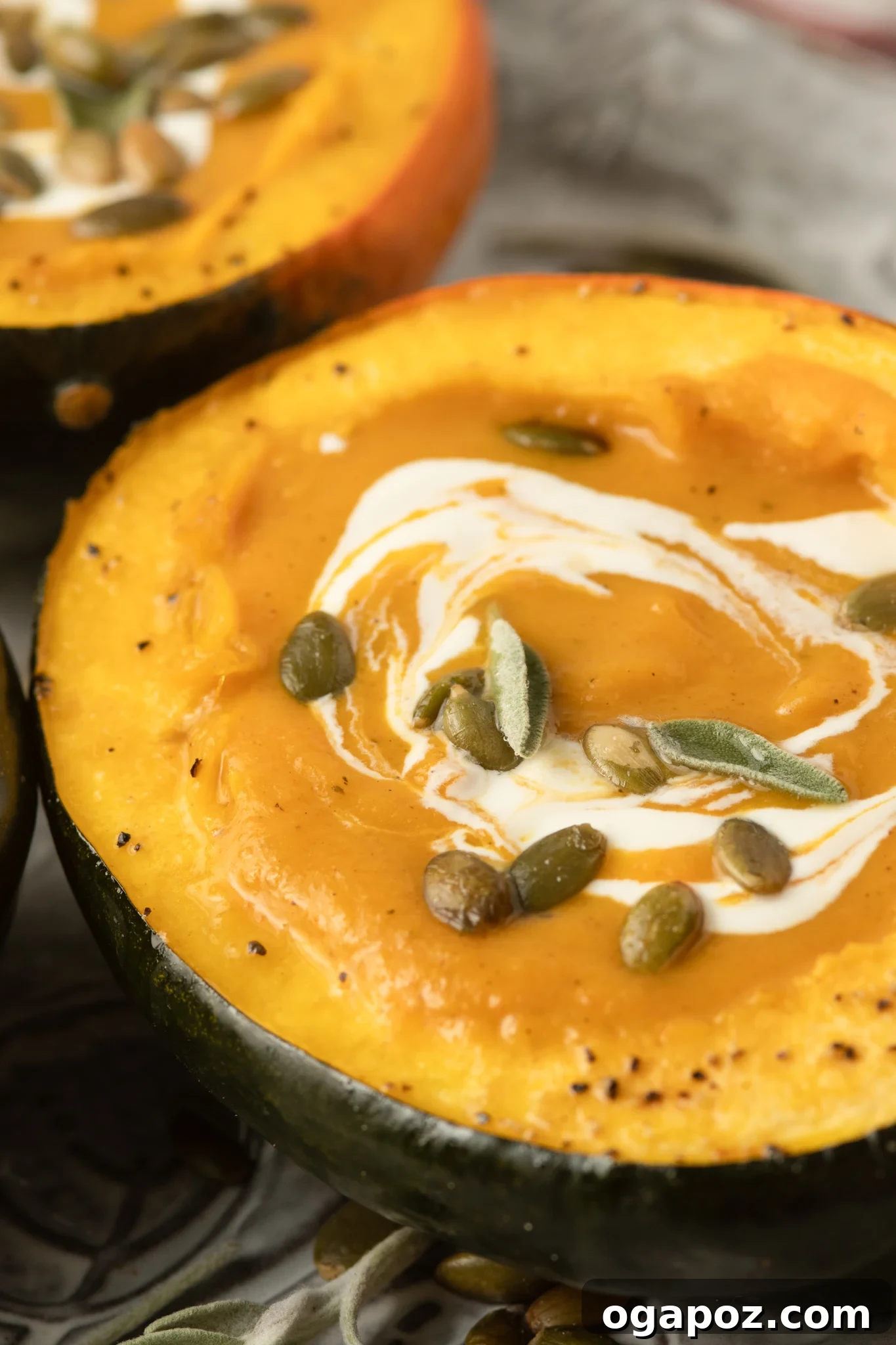 Autumn Gold Butternut and Sweet Potato Soup 2 Butternut Squash and Sweet Potato Soup in an acorn squash bowl.