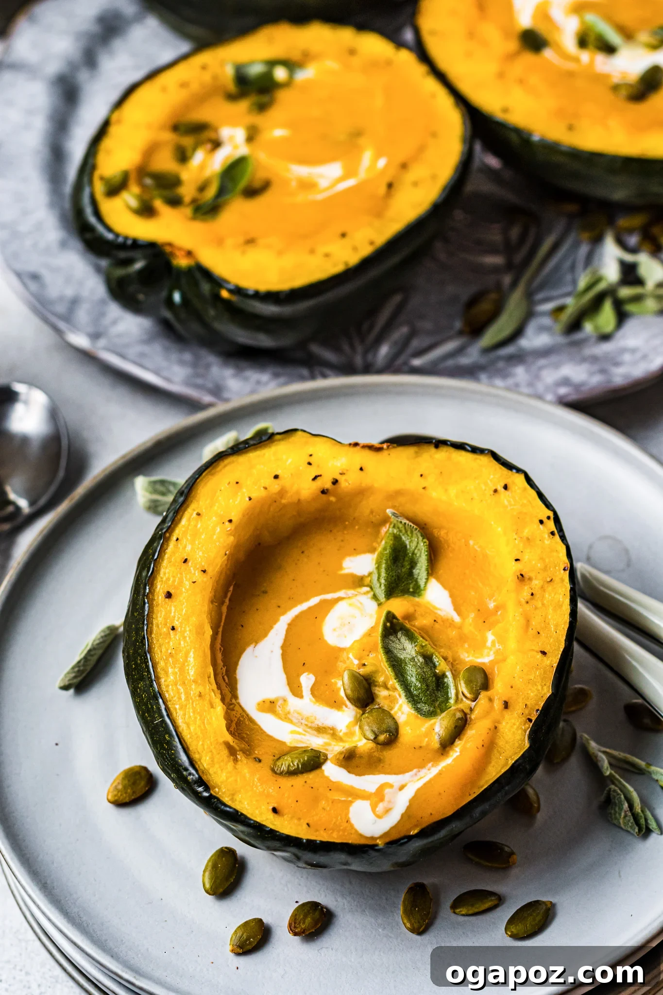 Autumn Gold Butternut and Sweet Potato Soup 8 Butternut Squash and Sweet Potato Soup in an acorn squash bowl.