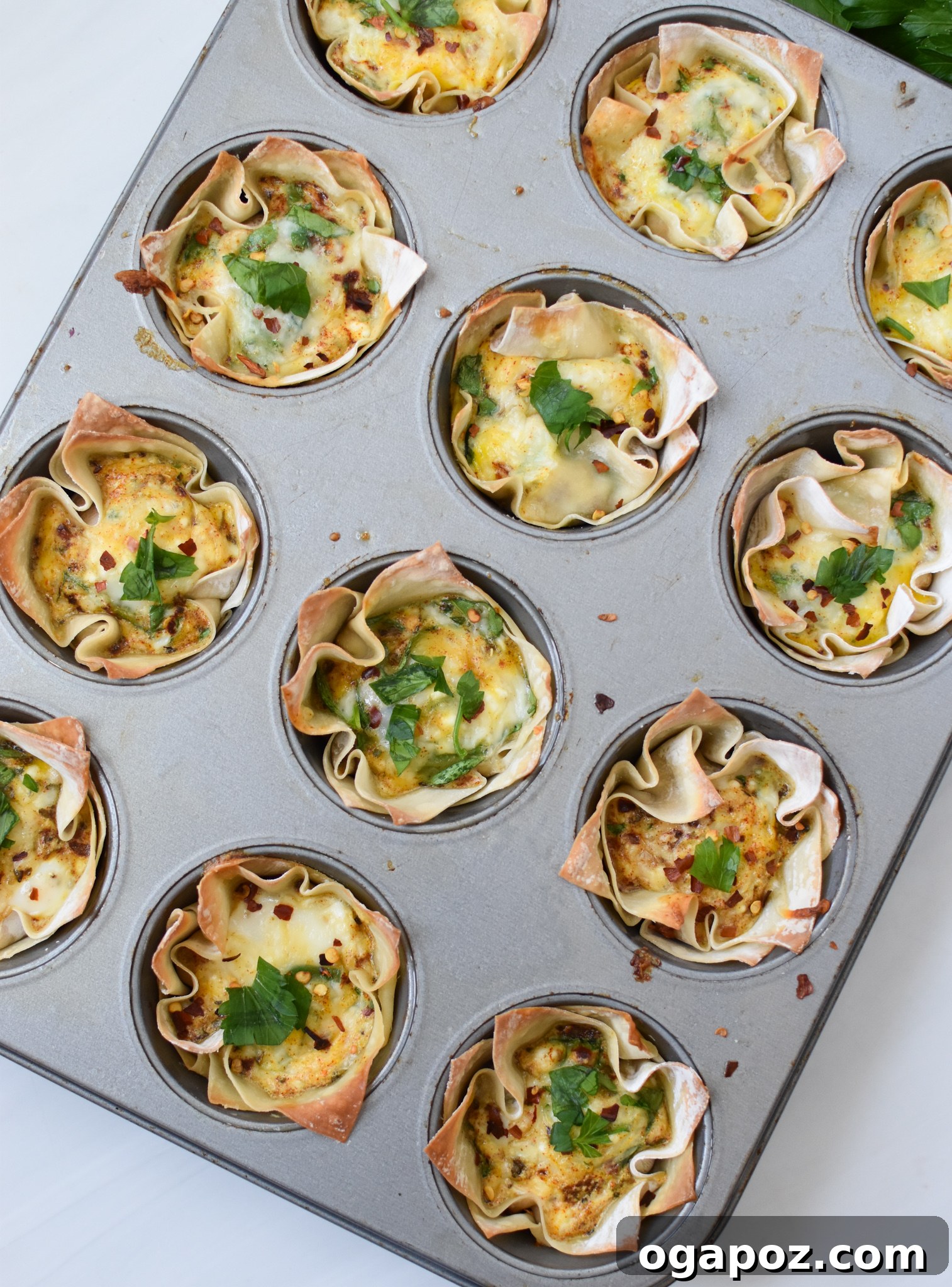 Mediterranean Quiche Parcels 8 A batch of Mediterranean Quiche Wontons cooling in muffin tins after baking.
