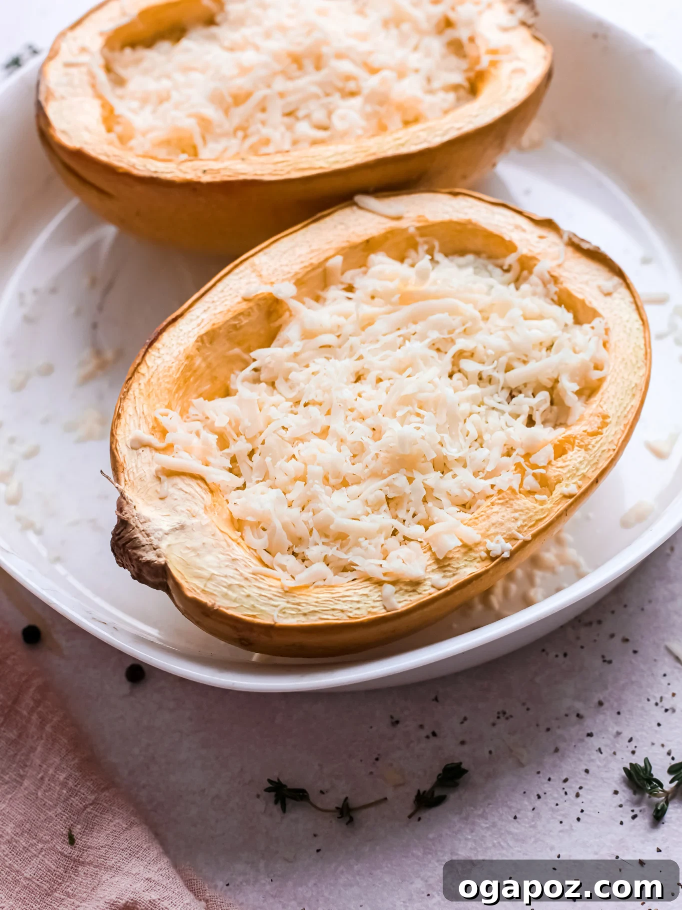 Golden Cheesy Spaghetti Squash Bake 5 Baked Cheesy Spaghetti Squash recipe with melted cheese on top, golden and bubbly.