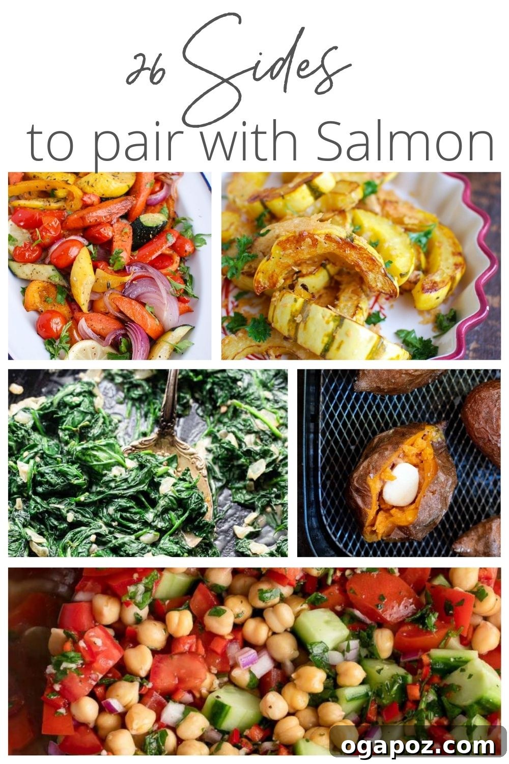 Elevate Your Salmon: 26 Perfect Side Dish Pairings 2 A vibrant collage showcasing various healthy side dishes perfect for pairing with salmon, including fresh salads, roasted root vegetables, and flavorful grain-based options.