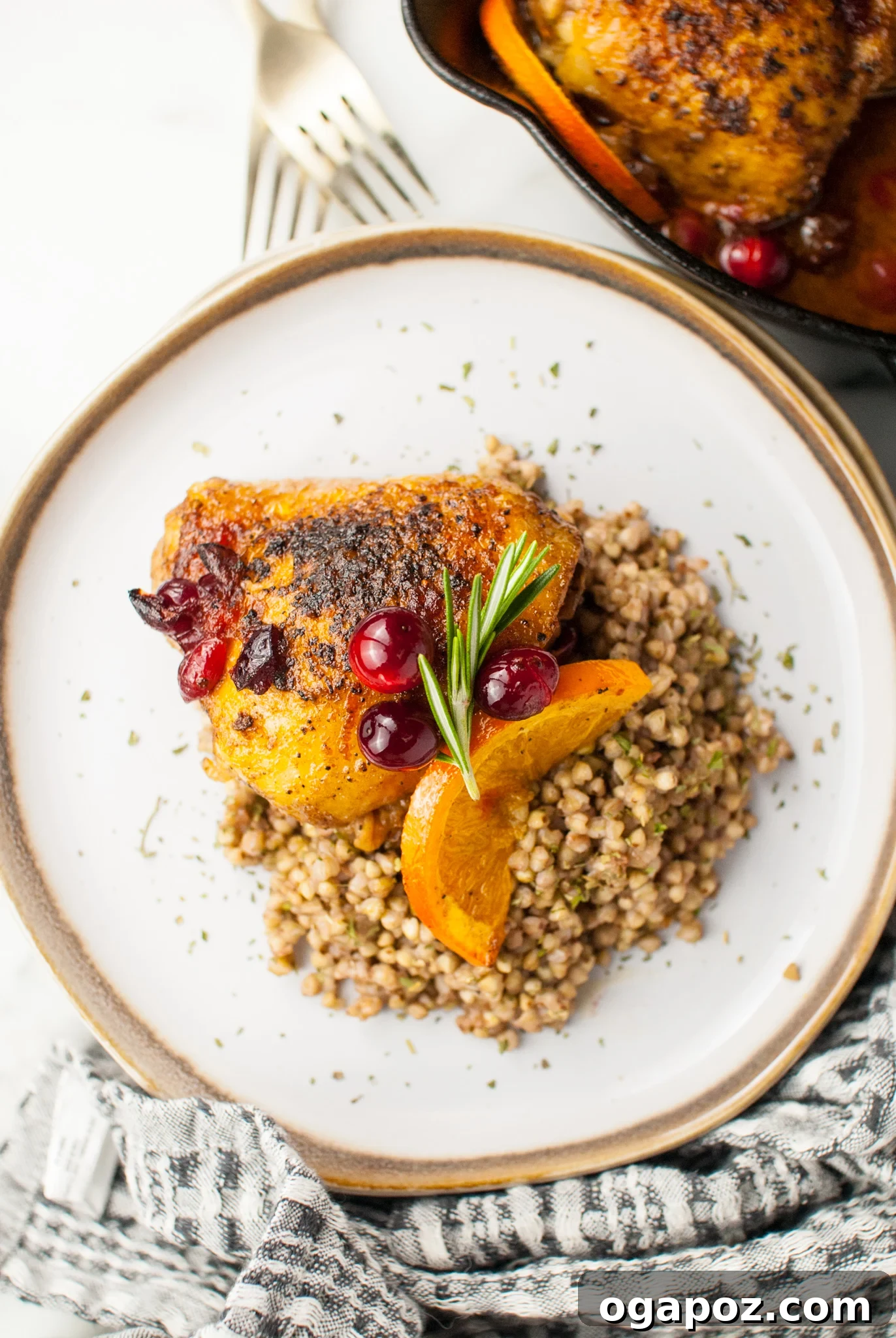 Effortless Cranberry Glazed Chicken Thighs 7 A single Easy Baked Chicken Thigh on a white plate, ready to be served.
