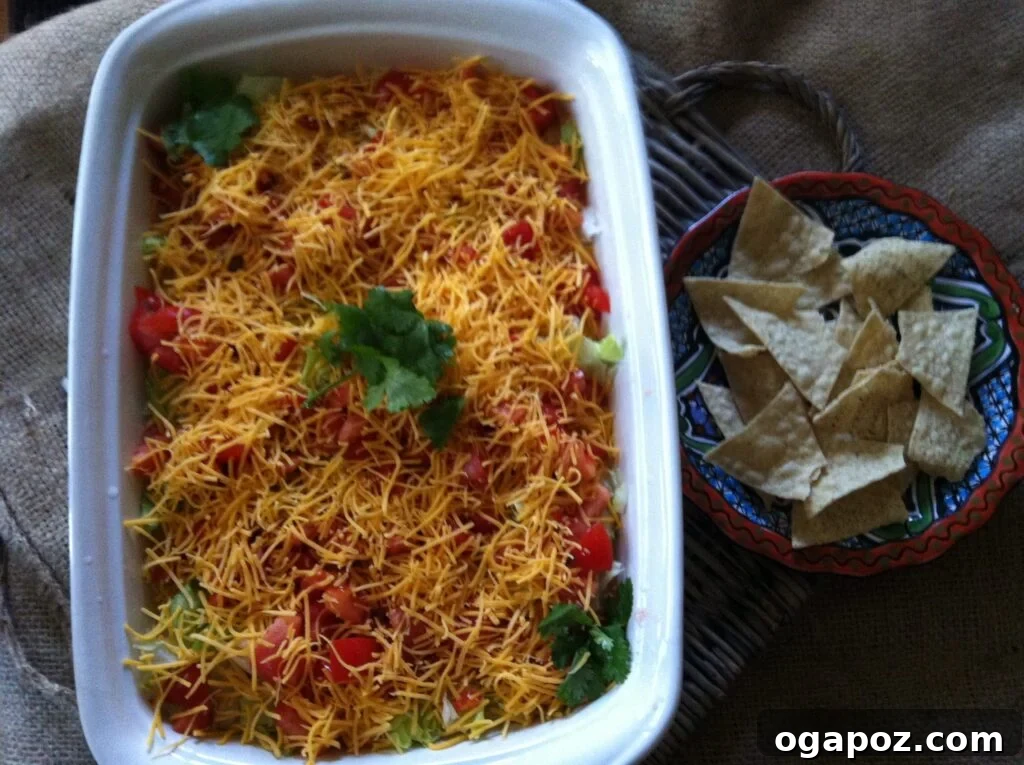 Seven Layer Dip Appetizer A large platter of Skinny Seven Layer Dip with tortilla chips surrounding it, ready to be served at a party.