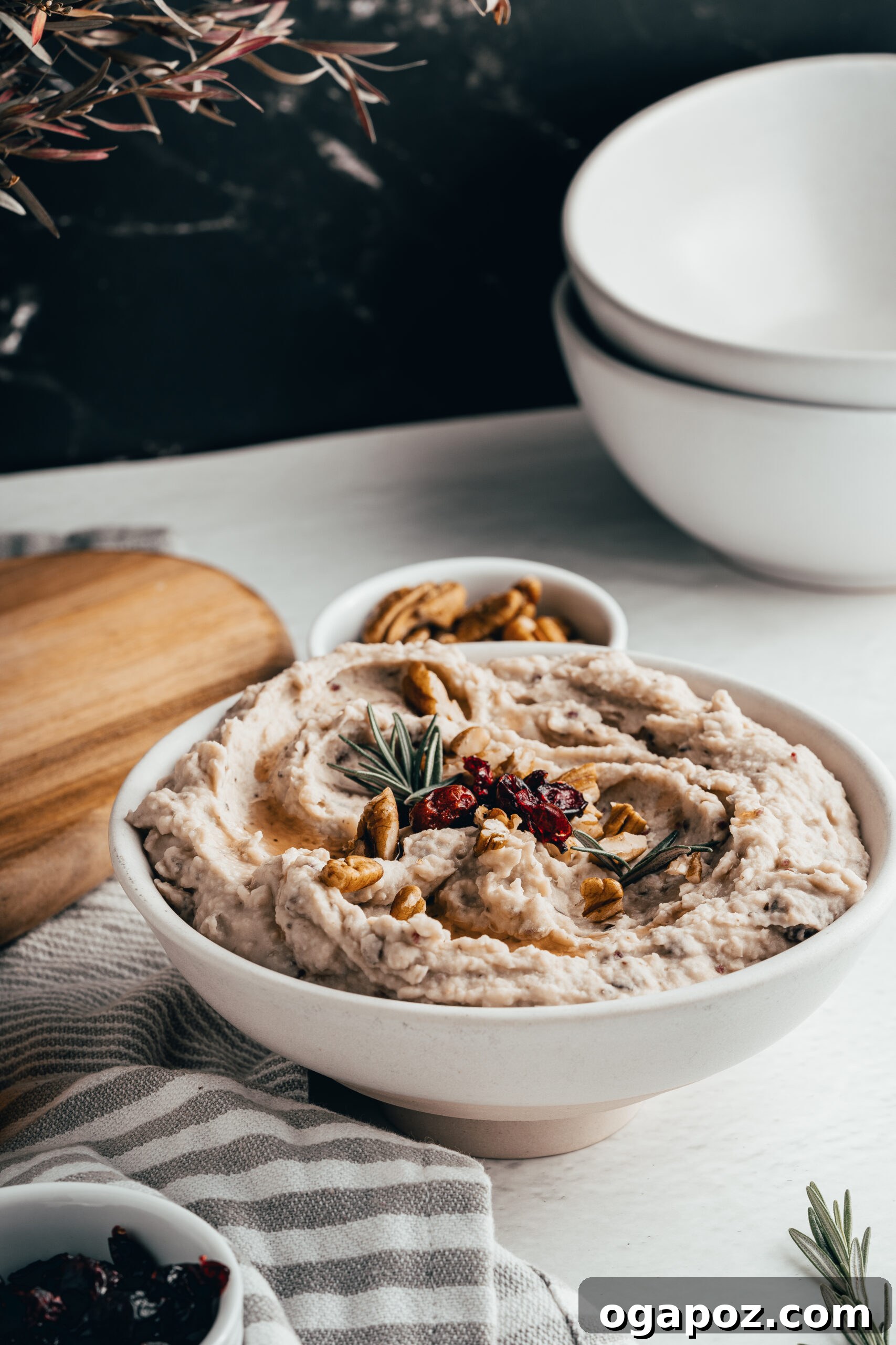 Tangy Cranberry White Bean Hummus 9 White Bean Hummus with Cranberry in a white bowl, garnished with rosemary.