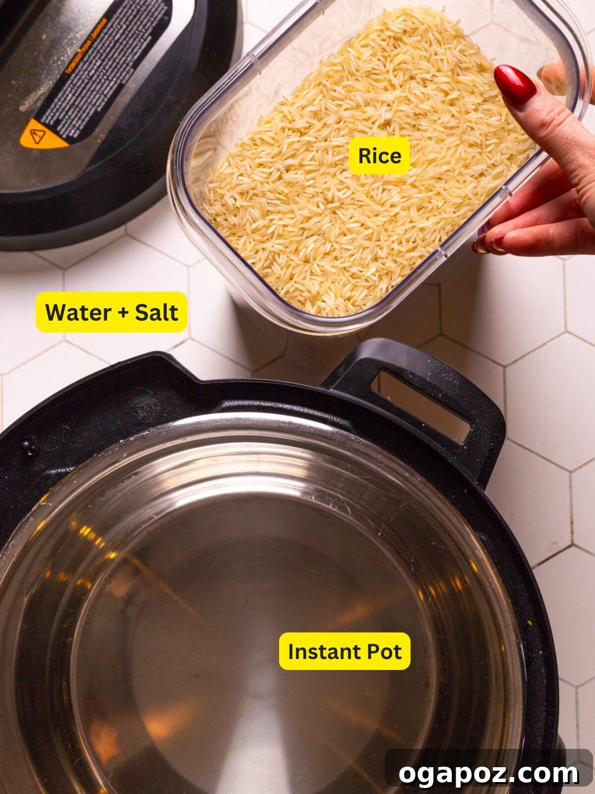 Foolproof Instant Pot Rice 3 Two images showing rinsing rice and rice in Instant Pot