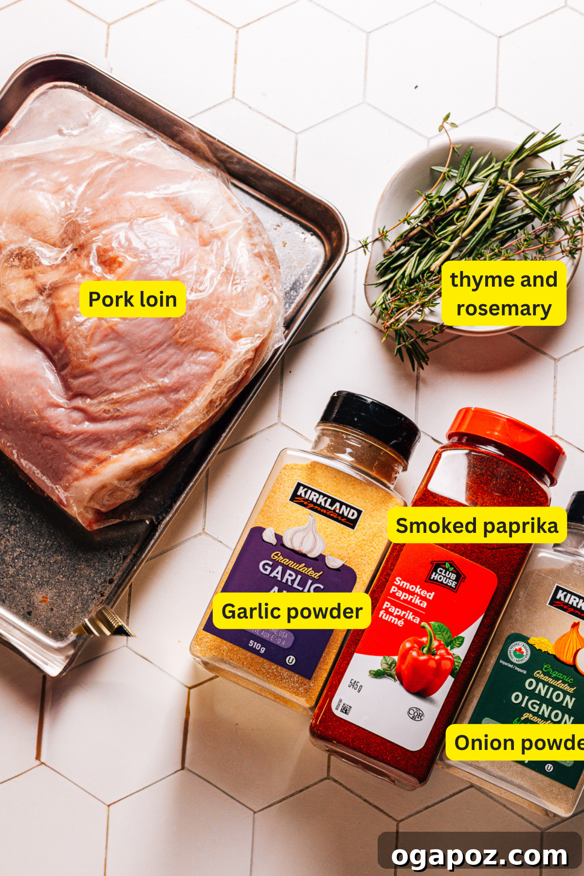Perfect Air Fryer Pork Loin 3 Ingredients laid out for Air Fryer Pork Loin recipe.