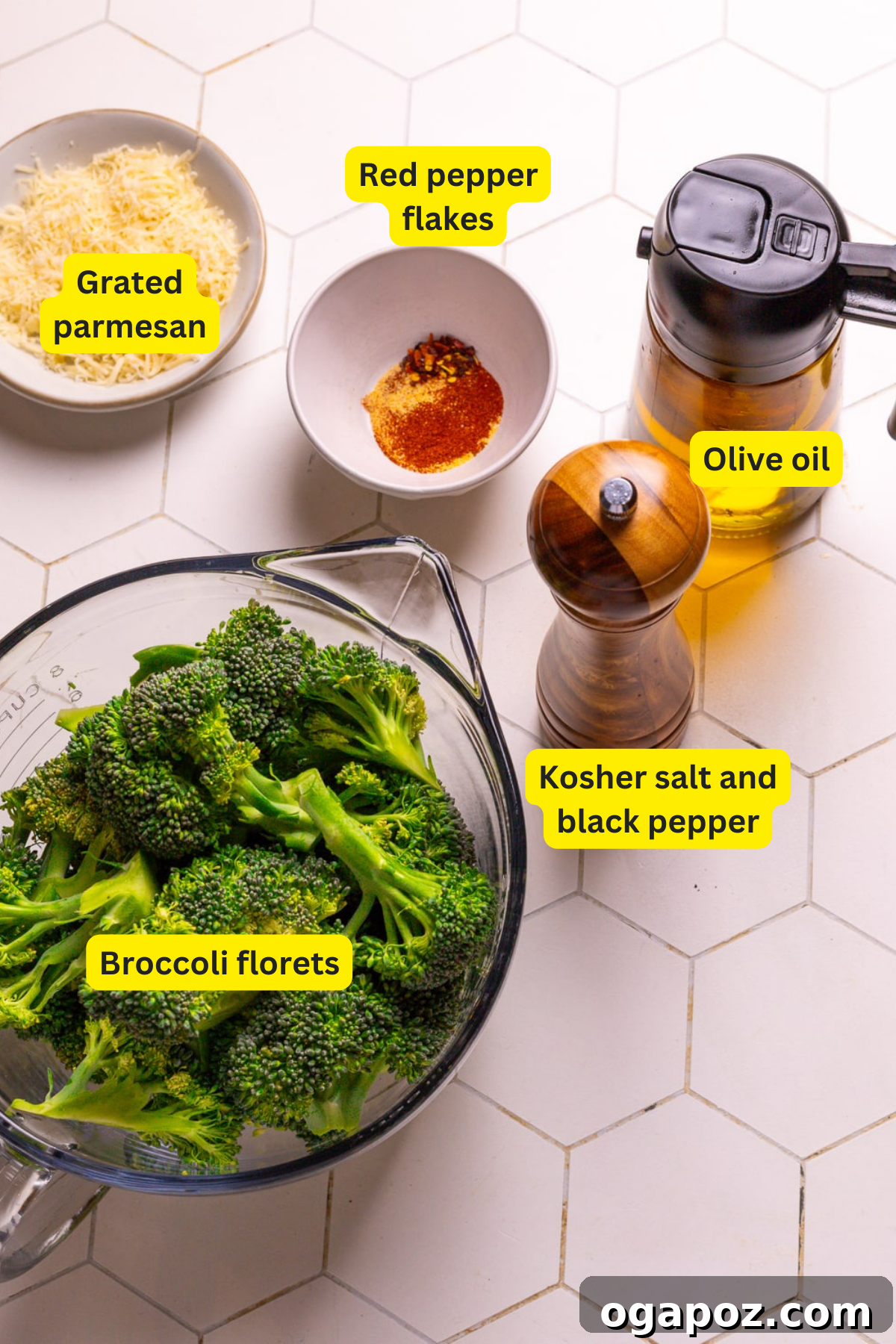 Effortlessly Crispy Air Fryer Broccoli 3 Ingredients for Air Fryer Broccoli laid out: broccoli, olive oil, salt, pepper, garlic powder, smoked paprika, red pepper flakes, parmesan, lemon.