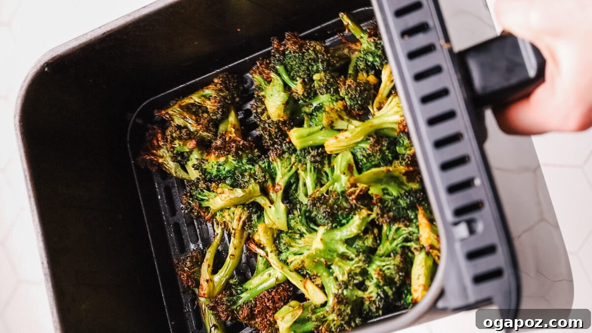 Effortlessly Crispy Air Fryer Broccoli 6 Crispy, charred broccoli in the air fryer basket.