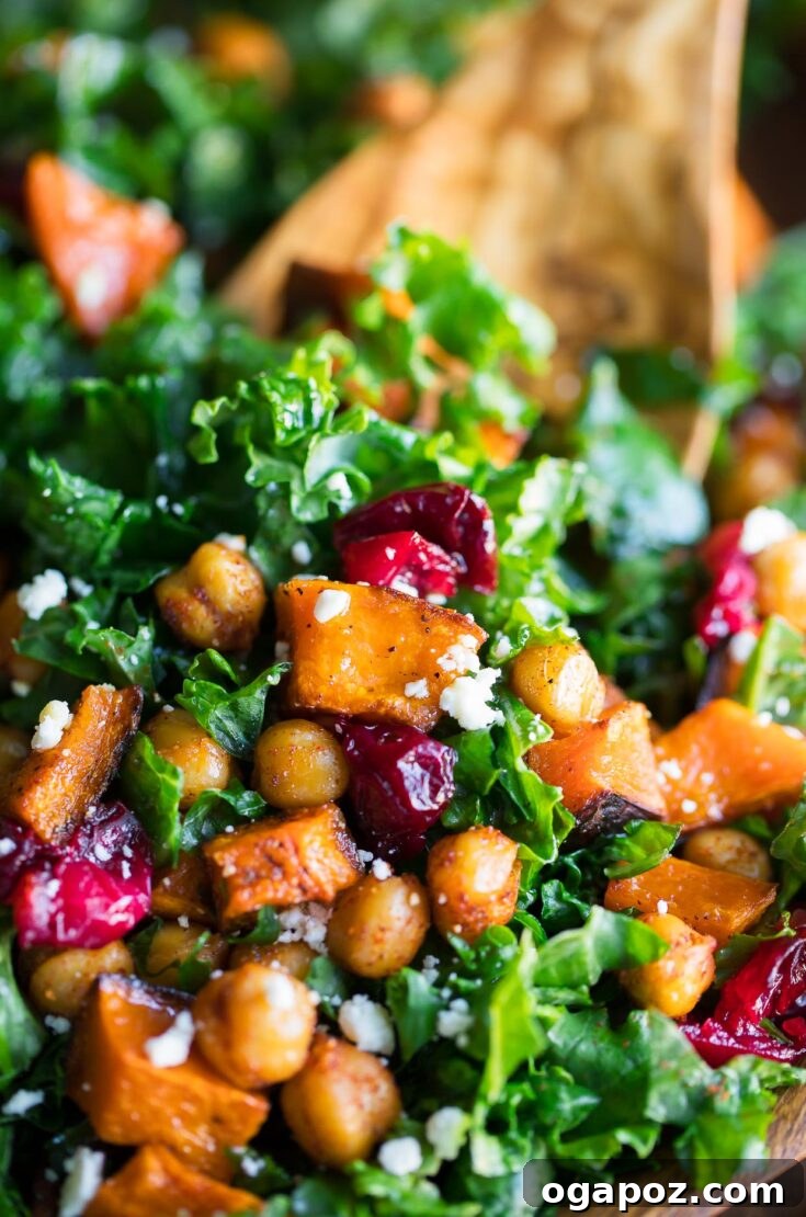 Roasted Butternut Squash Kale Salad with Chickpeas and Cranberries