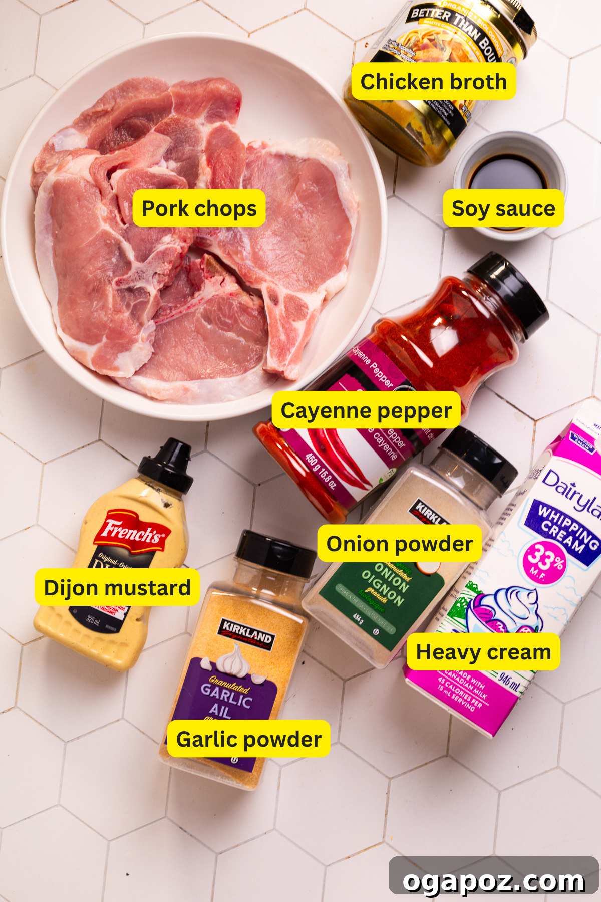 Fork Tender Instant Pot Pork Chops and Simple Gravy 3 Instant Pot Pork Chops Ingredients laid out on a counter.