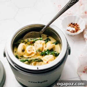 Slow Cooker Creamy Spring Tortellini Soup, hearty and delicious.