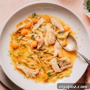 A bowl of Crockpot Chicken Noodle Soup, garnished with fresh herbs.