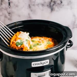 Serving Chicken Enchiladas in Crockpot Slow Cooker, topped with spicy pumpkin sauce.