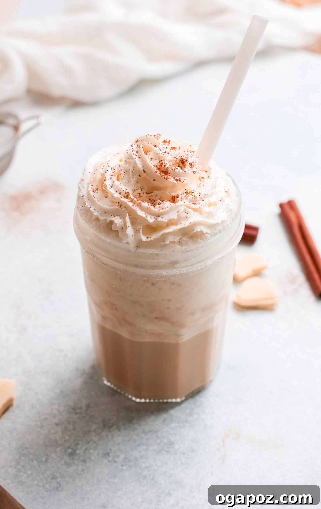 Velvet White Mocha Freeze 2 White Chocolate Frappuccino served in a clear glass cup.