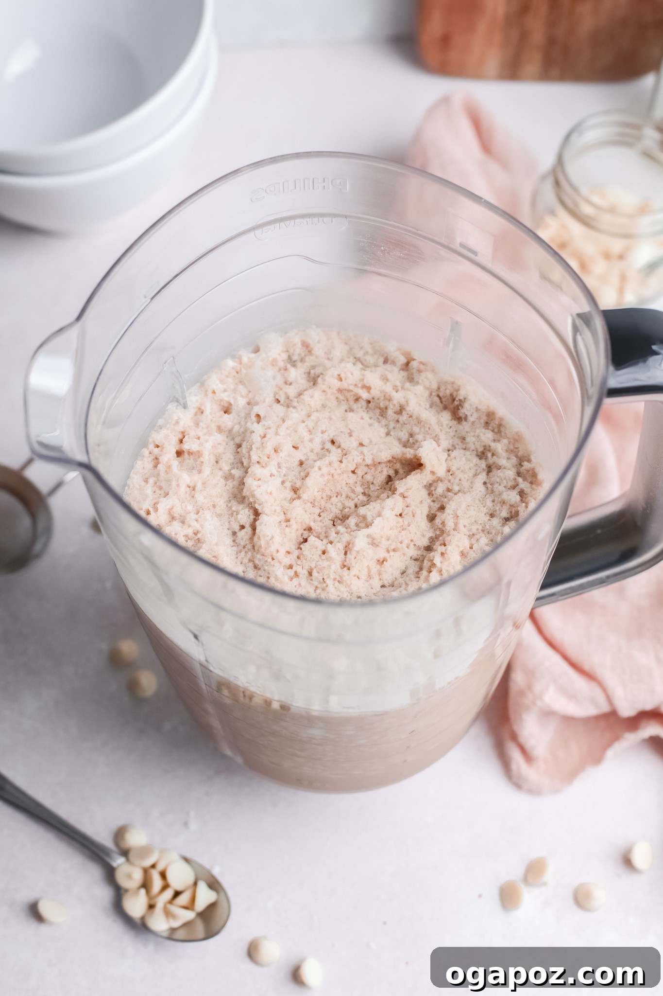 Velvet White Mocha Freeze 6 White Chocolate Frappuccino ingredients blended in a blender with a creamy consistency.