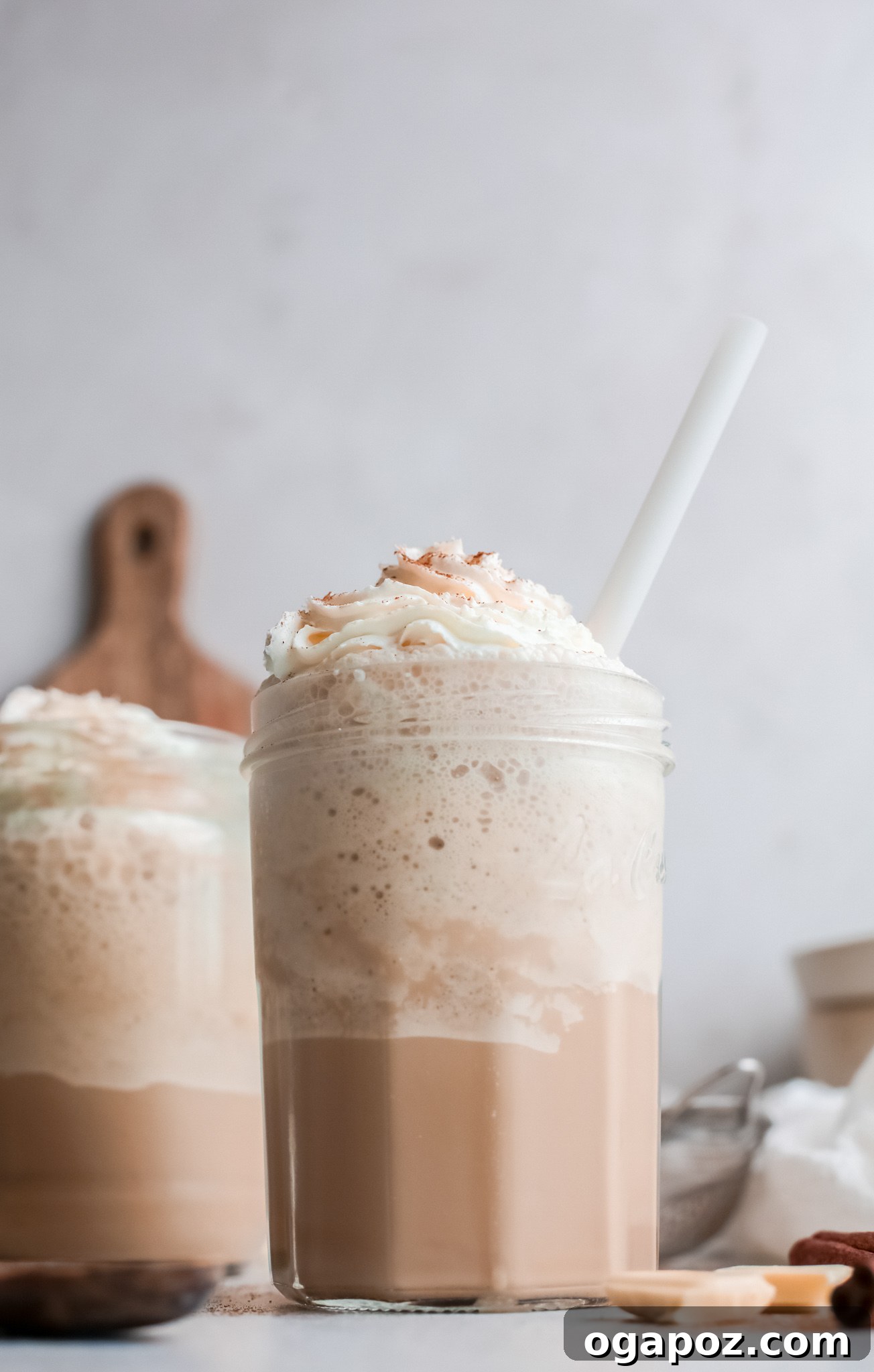 Velvet White Mocha Freeze 8 White Chocolate Frappuccino in a clear glass, ready to drink.