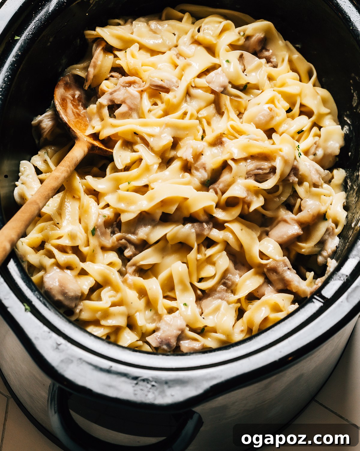 Homestyle Slow Cooker Chicken and Noodles 10 Close-up of Crockpot Chicken and Noodles, garnished with fresh parsley, ready to be served.